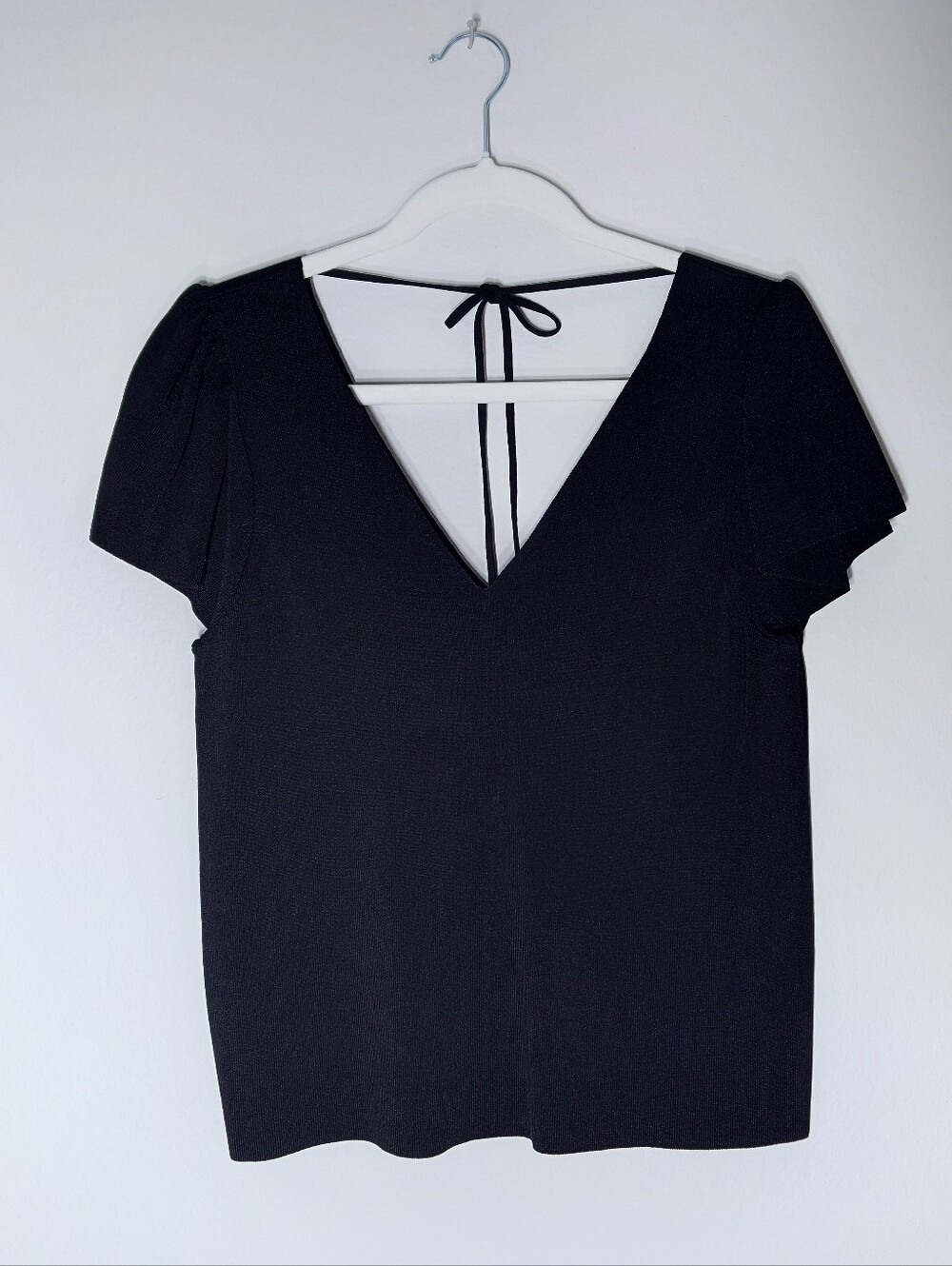 Mango Black Knit Open Back Flutter Sleeve Top XL